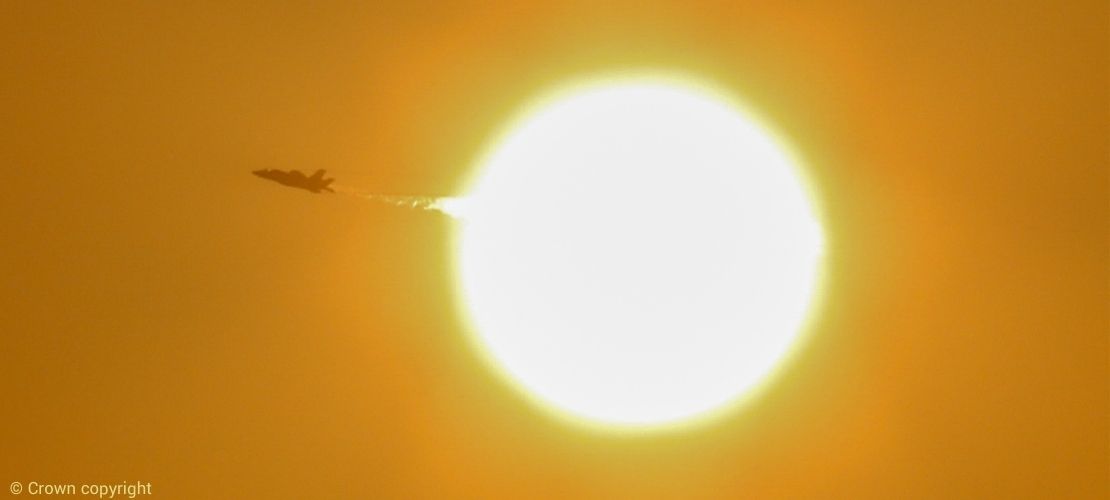 F35B Lightning II flying past the sun during Developmental Trials 