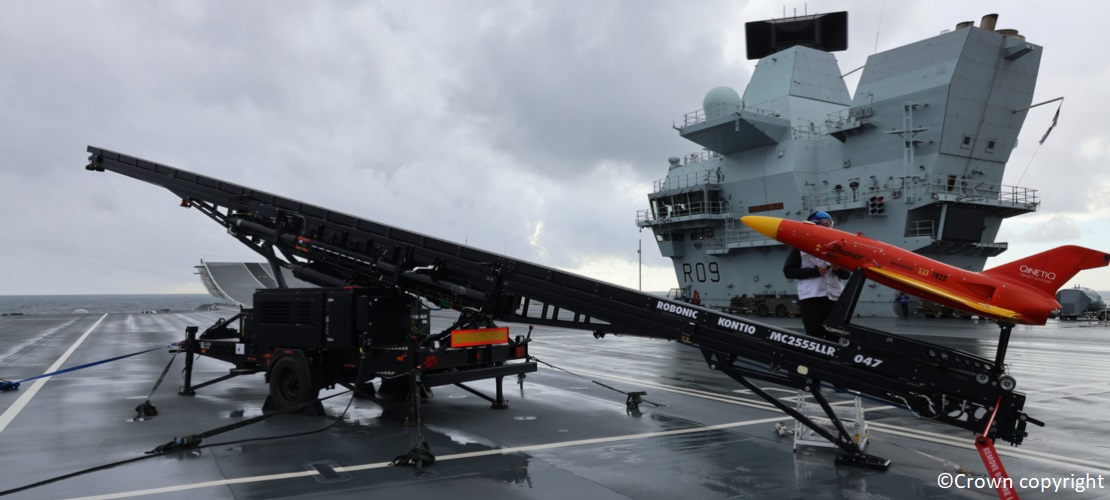 Banshee Jet 80 aerial target launching off Royal Navy Aircraft Carrier