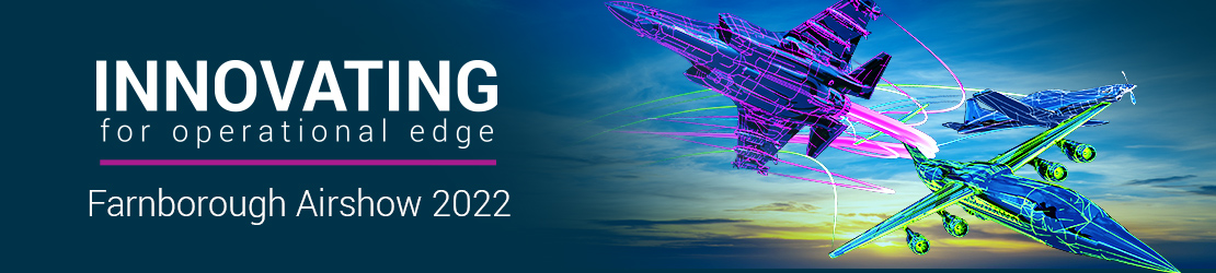 Banner for Farnborough International Airshow 2022 with slogan and aircraft in flight