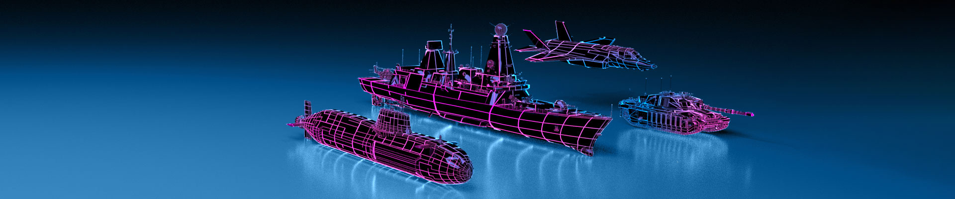 Graphic displaying a tank, an aircraft, a ship and a submarine