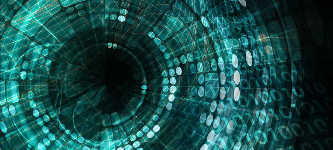 Mission-Led Innovation image showing dots making up a larger funnel in blue against dark background