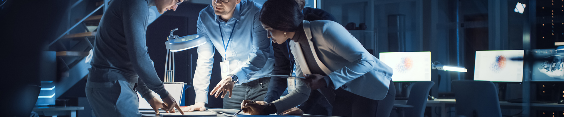 A group of people reviewing notes