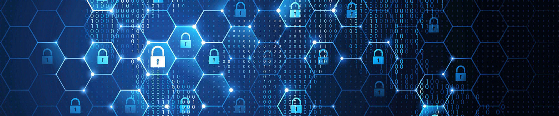 QineitQ US's Information Advantage banner that has blue background with hexagon shapes with locks on them to showcase our products are secure.