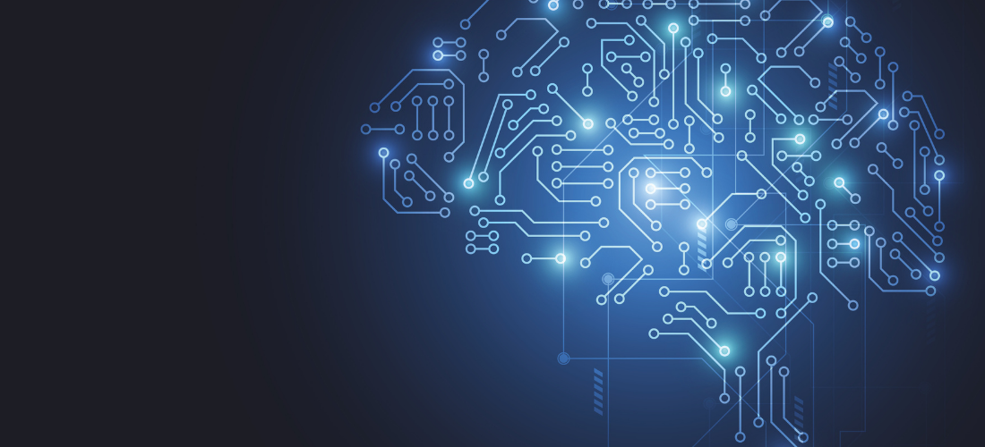 Neurotechnology Main - graphical image showing brain made up of circuit board connections in blue