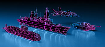 Graphic displaying a tank, an aircraft, a ship and a submarine