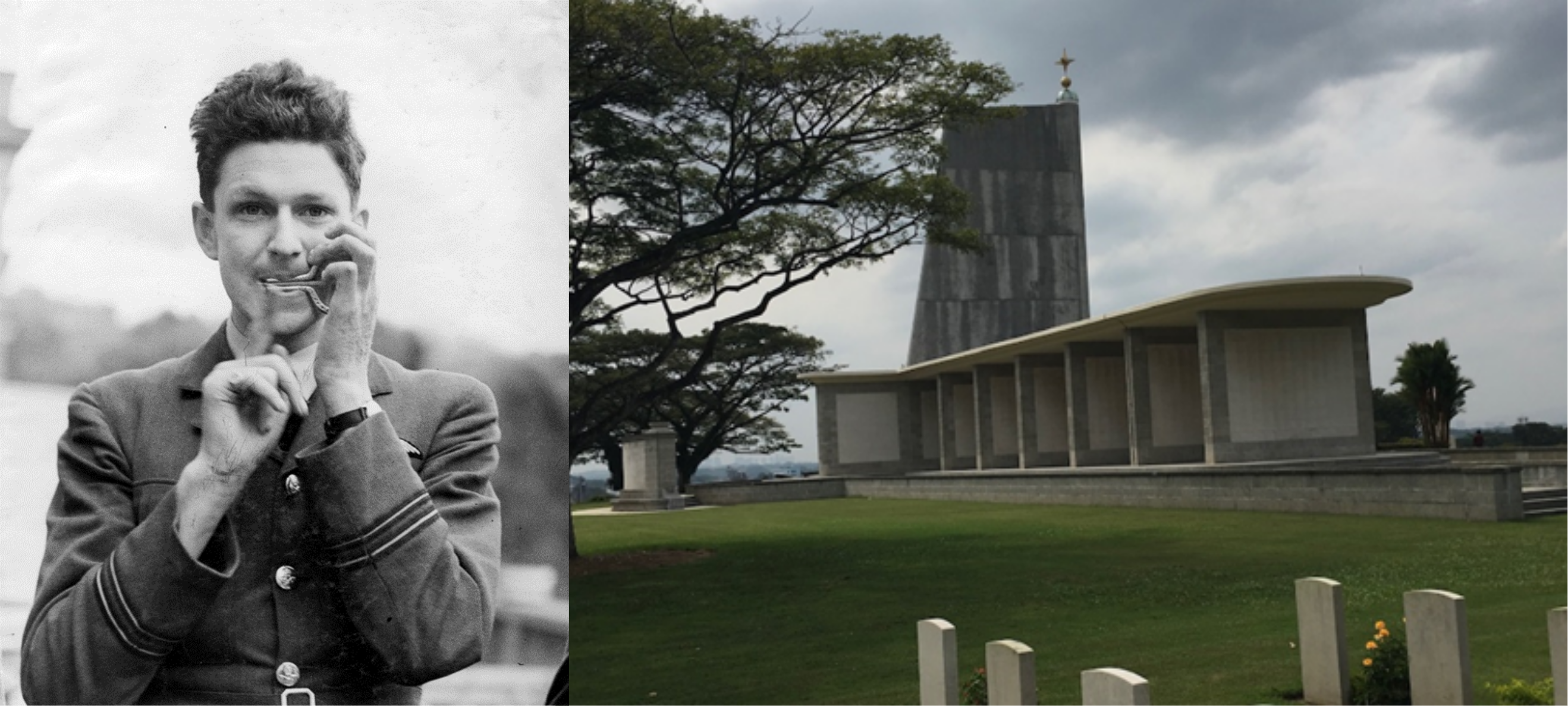 Flight Lieutenant John Brindley Eric Nicolson pictured while recuperating in Torquay after being shot down in his Hurricane over Southampton on 15 August 1940.  Photo Crown Copyright, RAF Air Historical Branch. The Singapore Memorial, Kranji Commonwealth War Cemetery