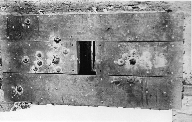 Warrior target having been attacked by 68lb, 100lb and 200lb shot, Oct 1861 (RAHT)