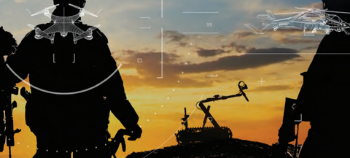 Enacting Prototype Warfare composite image with soldier and equipment in silhouette