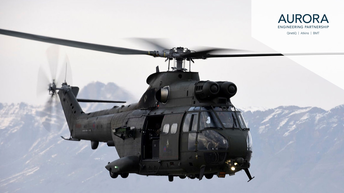 Helicopter flying in front of some mountains