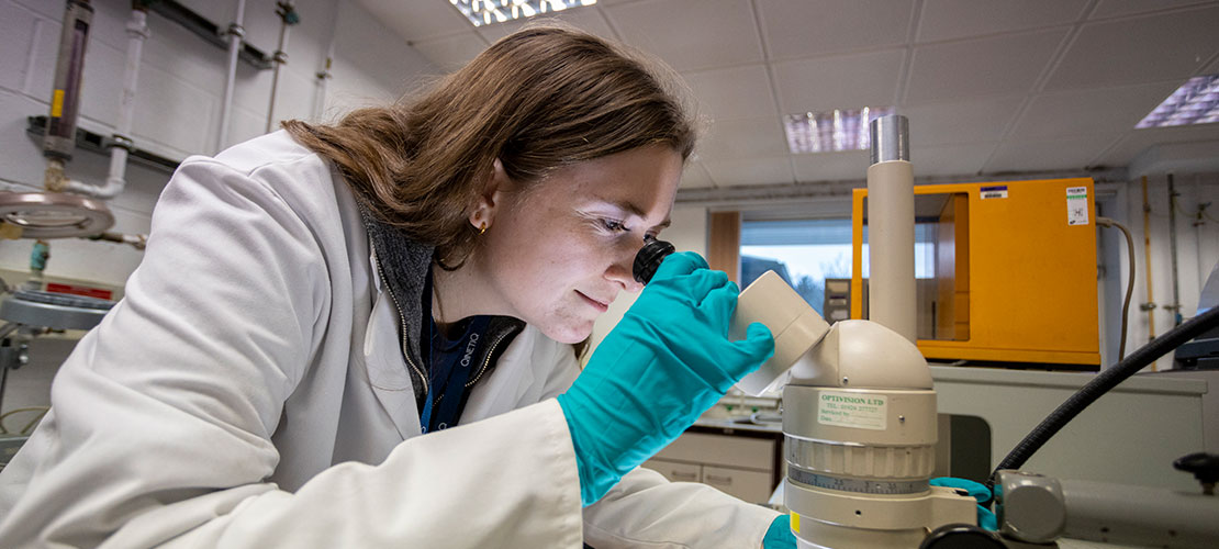 Graduate looking through microscope lens