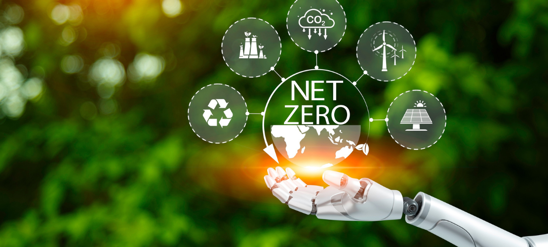 A robot hand holding a Net Zero symbol in front of trees