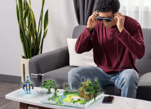 Metaverse image depicting user with AR glasses viewing mixed reality 