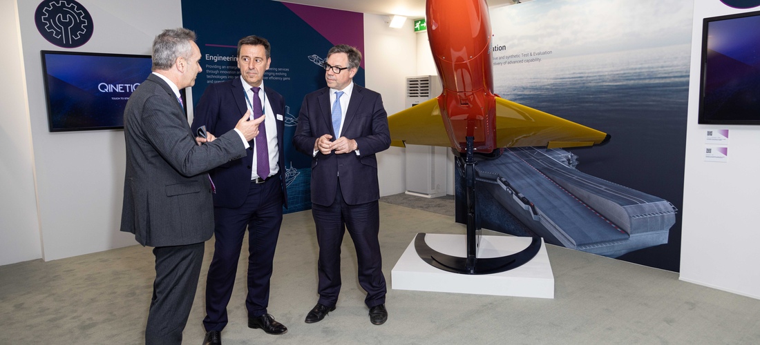 Minister for Defence Procurement Jeremy Quin MP and QinetiQ CEO Steve Wadey in the chalet at Farnborough Airshow 2022