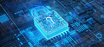 Digital security padlock with encrypted binary code on futuristic circuit board