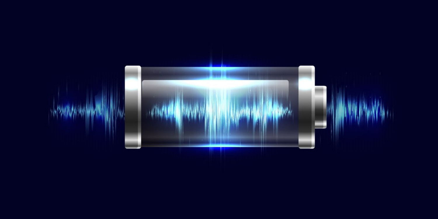 Battery - graphical depiction of glass tube holding blue voltage against black background conducting electricity