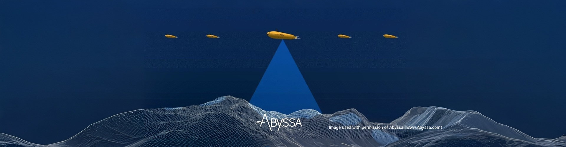 Illustration of 5 Autonomous Underwater Vehicles (AUVs) scanning the ocean floor. (Image courtesy of Abyssa: https://www.abyssa.com/)
