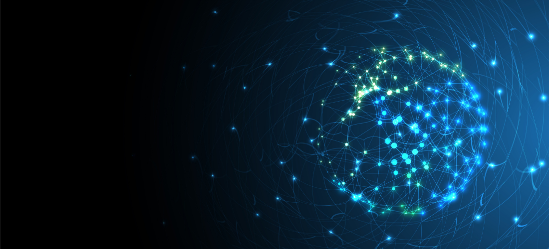 Mission Led Innovation image showing globe made up of points of light against blue background