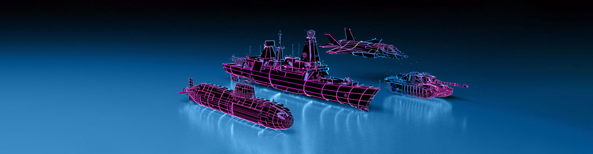 Graphic showing a submarine, ship, tank and jet plane