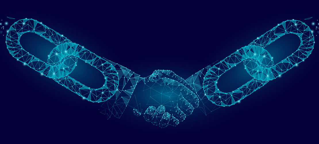 Secure data insecure future images shows depiction of two hands shaking with chain links for arms