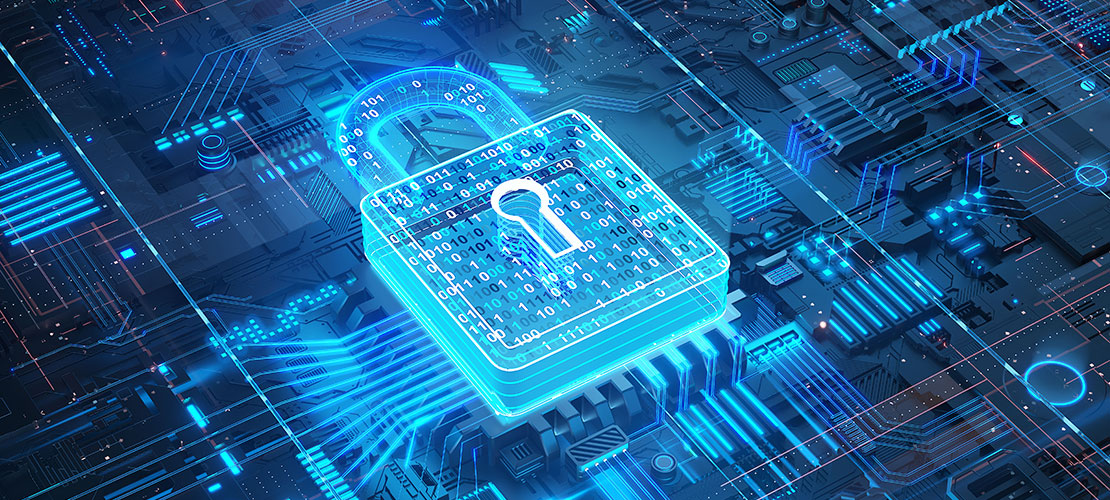 Digital security padlock with encrypted binary code on futuristic circuit board