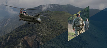 Helicopter flying over mountainous terrain