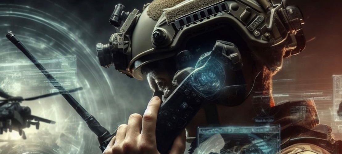 Solider using a satellite phone