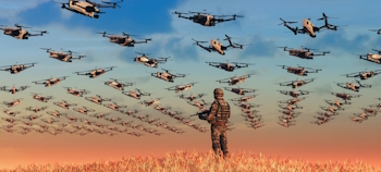 Composite image of a soldier controlling hundreds of drones